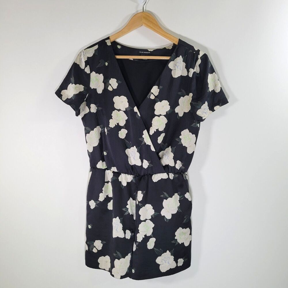 CLUB MONACO Dark Blue Floral Silk Zemphira Romper Size S Playsuit Surplice Top
